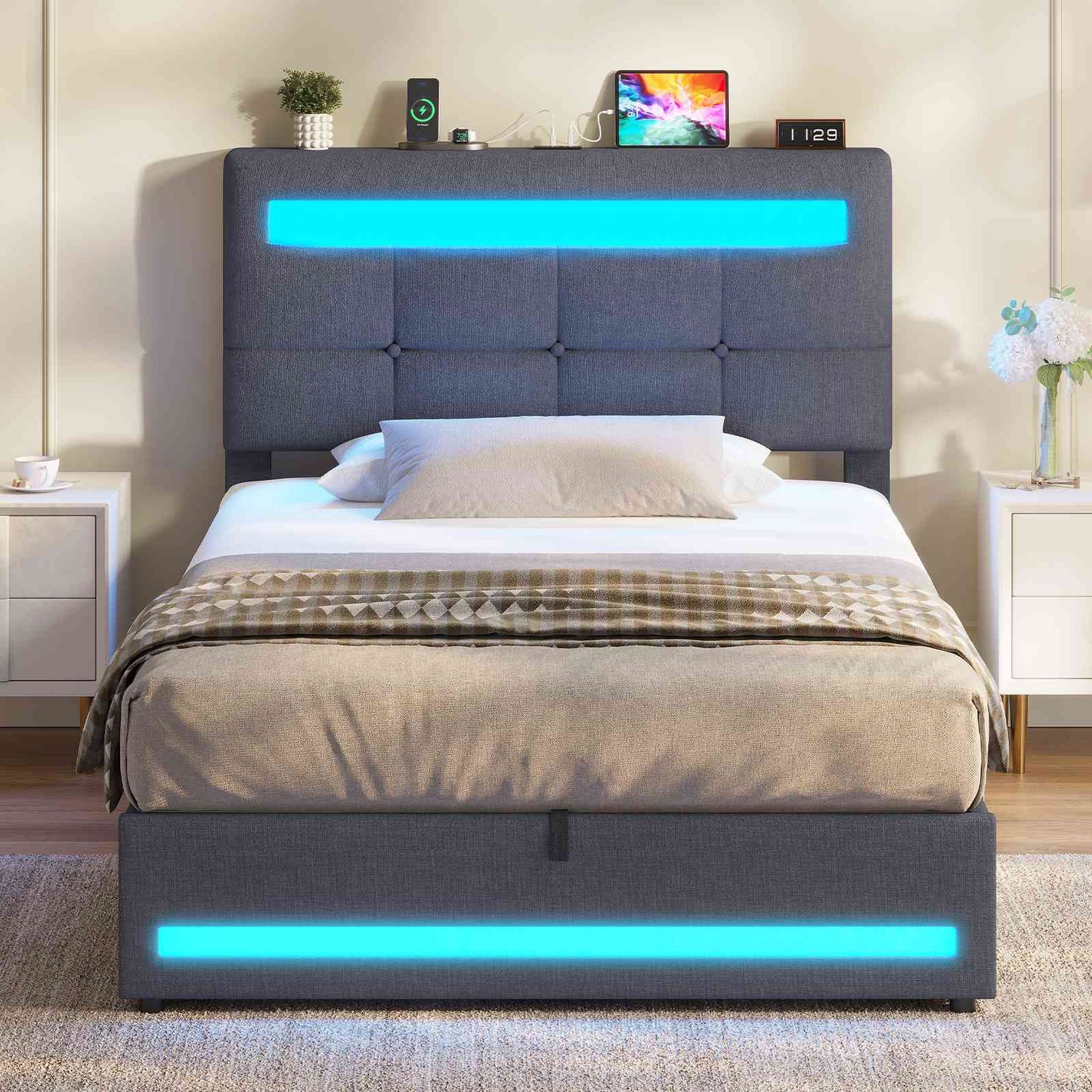 AOGLLATI Polsterbett 90 x 200 mit LED Beleuchtung und Ladestation jugendbett mit Höhenverstellbares Kopfteil und Stauraum