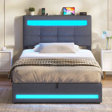 AOGLLATI Polsterbett 90 x 200 mit LED Beleuchtung und Ladestation jugendbett mit Höhenverstellbares Kopfteil und Stauraum
