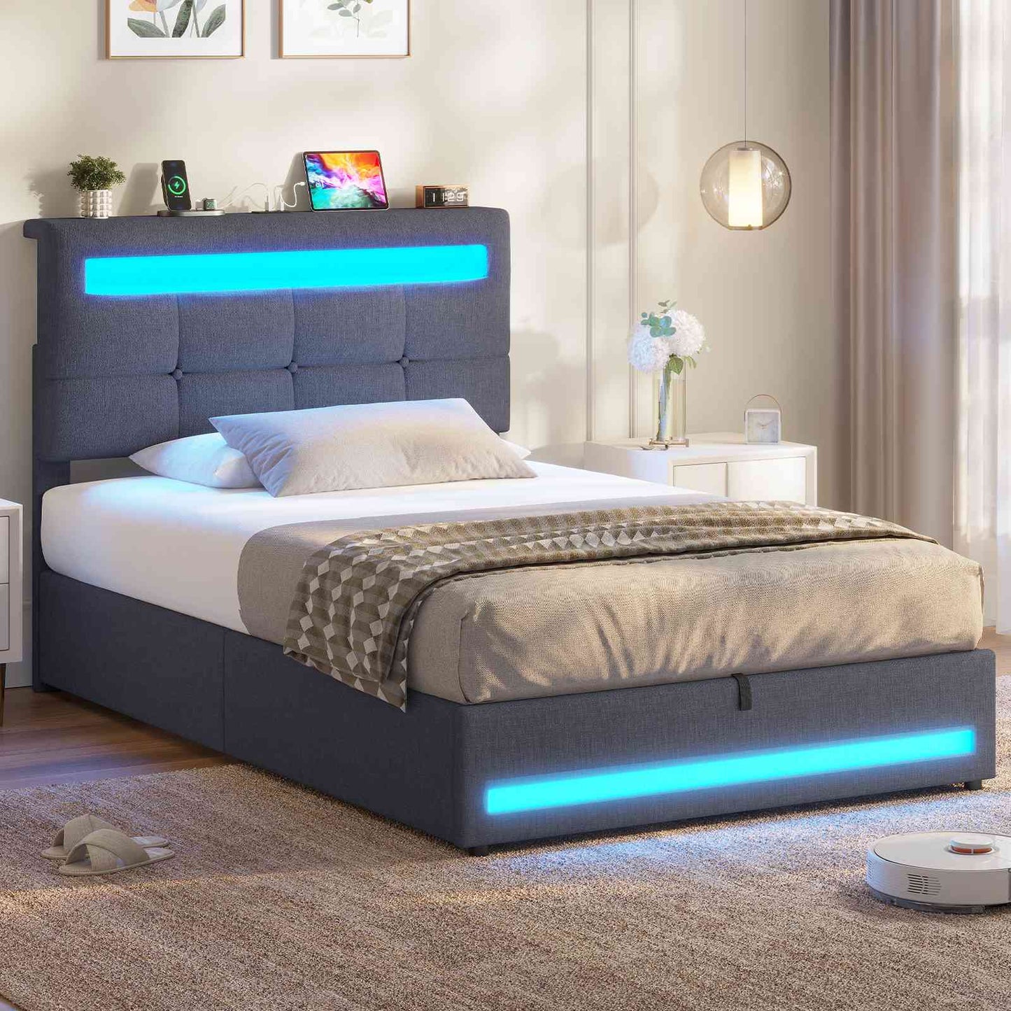 AOGLLATI Polsterbett 90 x 200 mit LED Beleuchtung und Ladestation jugendbett mit Höhenverstellbares Kopfteil und Stauraum