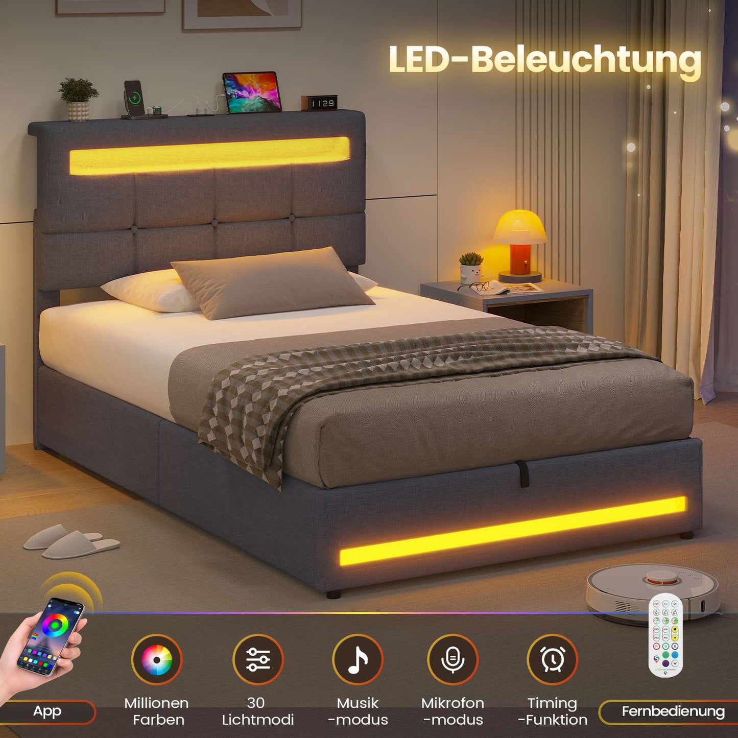 AOGLLATI Polsterbett 90 x 200 mit LED Beleuchtung und Ladestation jugendbett mit Höhenverstellbares Kopfteil und Stauraum