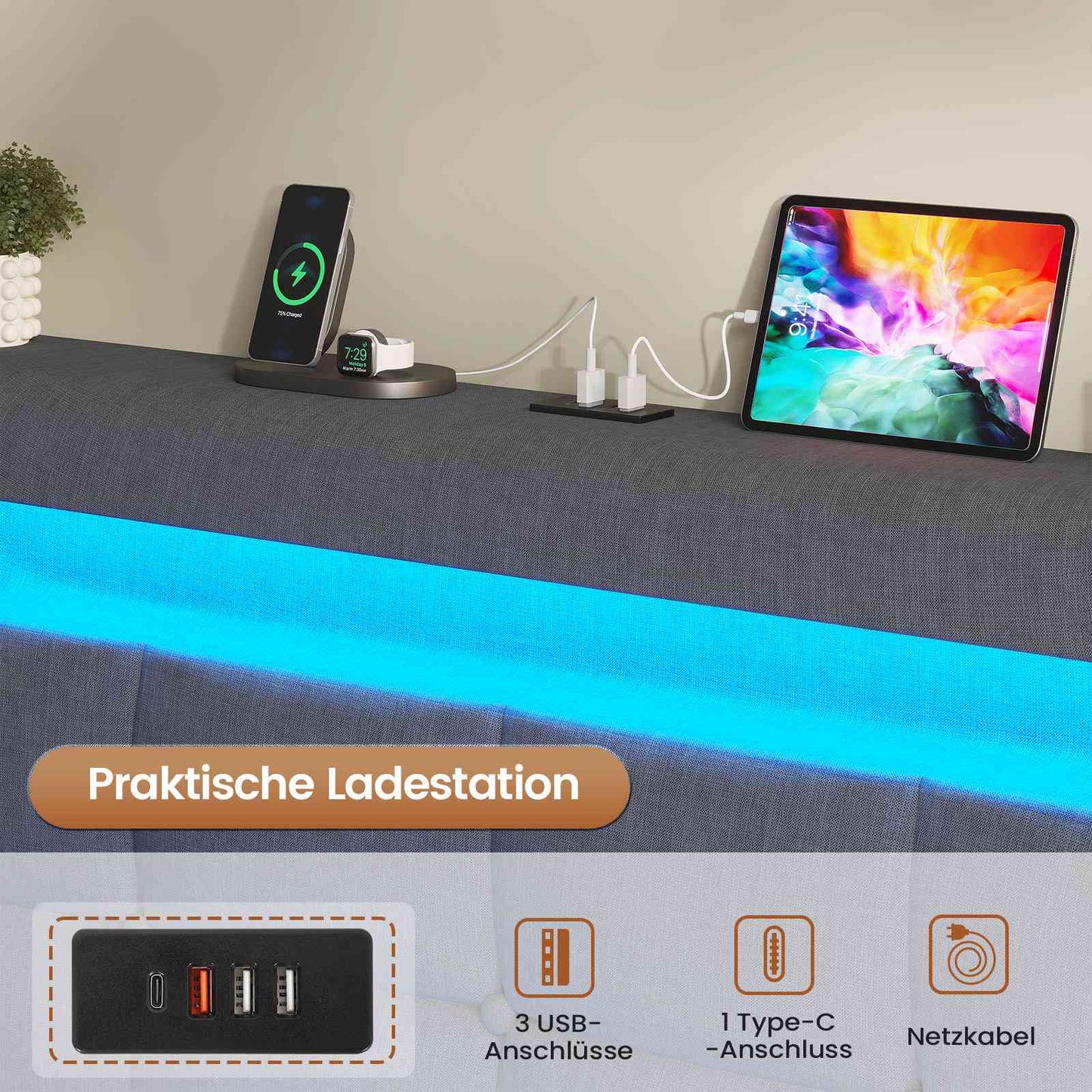 AOGLLATI Polsterbett 90 x 200 mit LED Beleuchtung und Ladestation jugendbett mit Höhenverstellbares Kopfteil und Stauraum