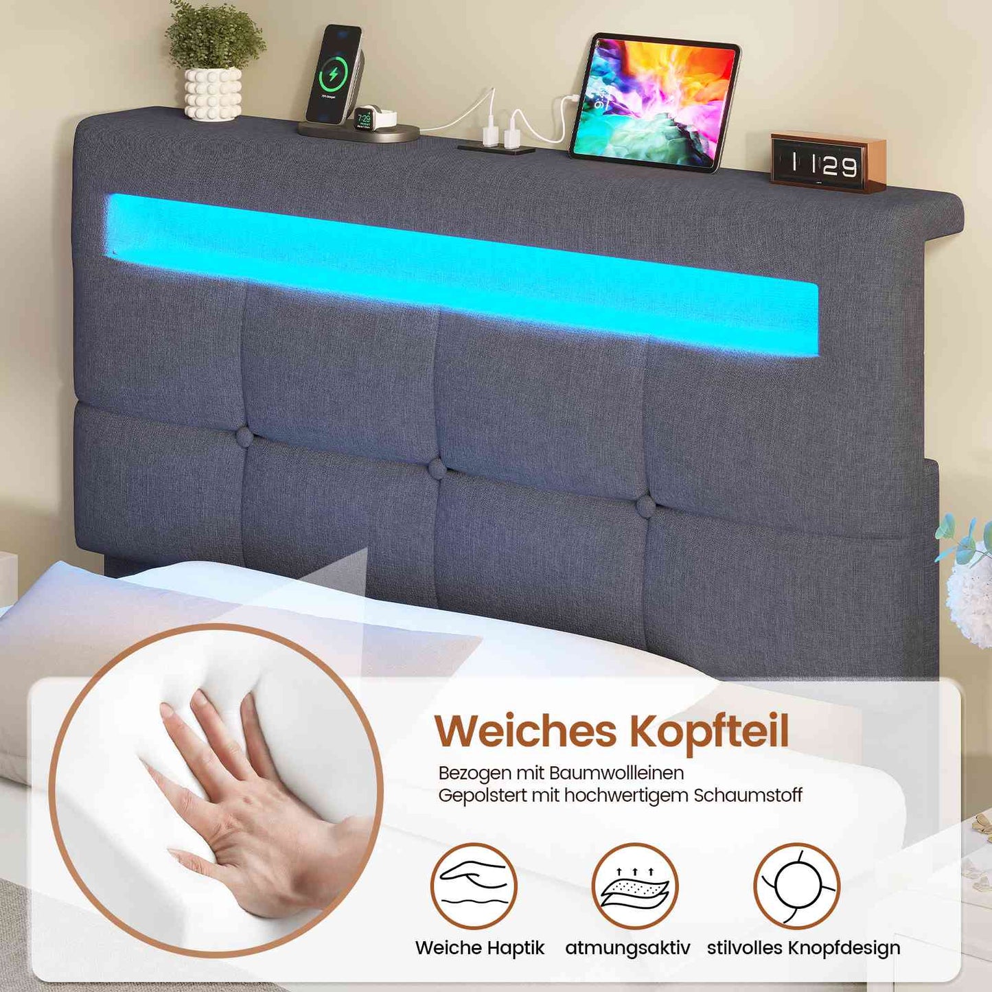 AOGLLATI Polsterbett 90 x 200 mit LED Beleuchtung und Ladestation jugendbett mit Höhenverstellbares Kopfteil und Stauraum