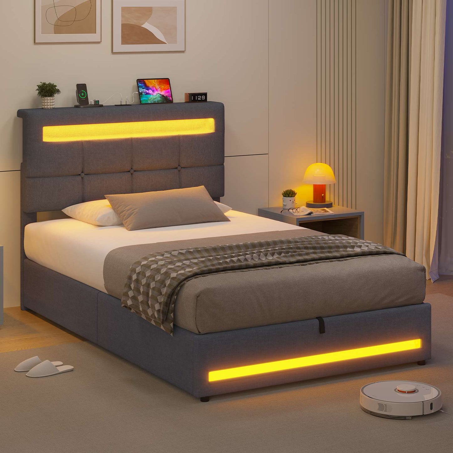 AOGLLATI Polsterbett 90 x 200 mit LED Beleuchtung und Ladestation jugendbett mit Höhenverstellbares Kopfteil und Stauraum