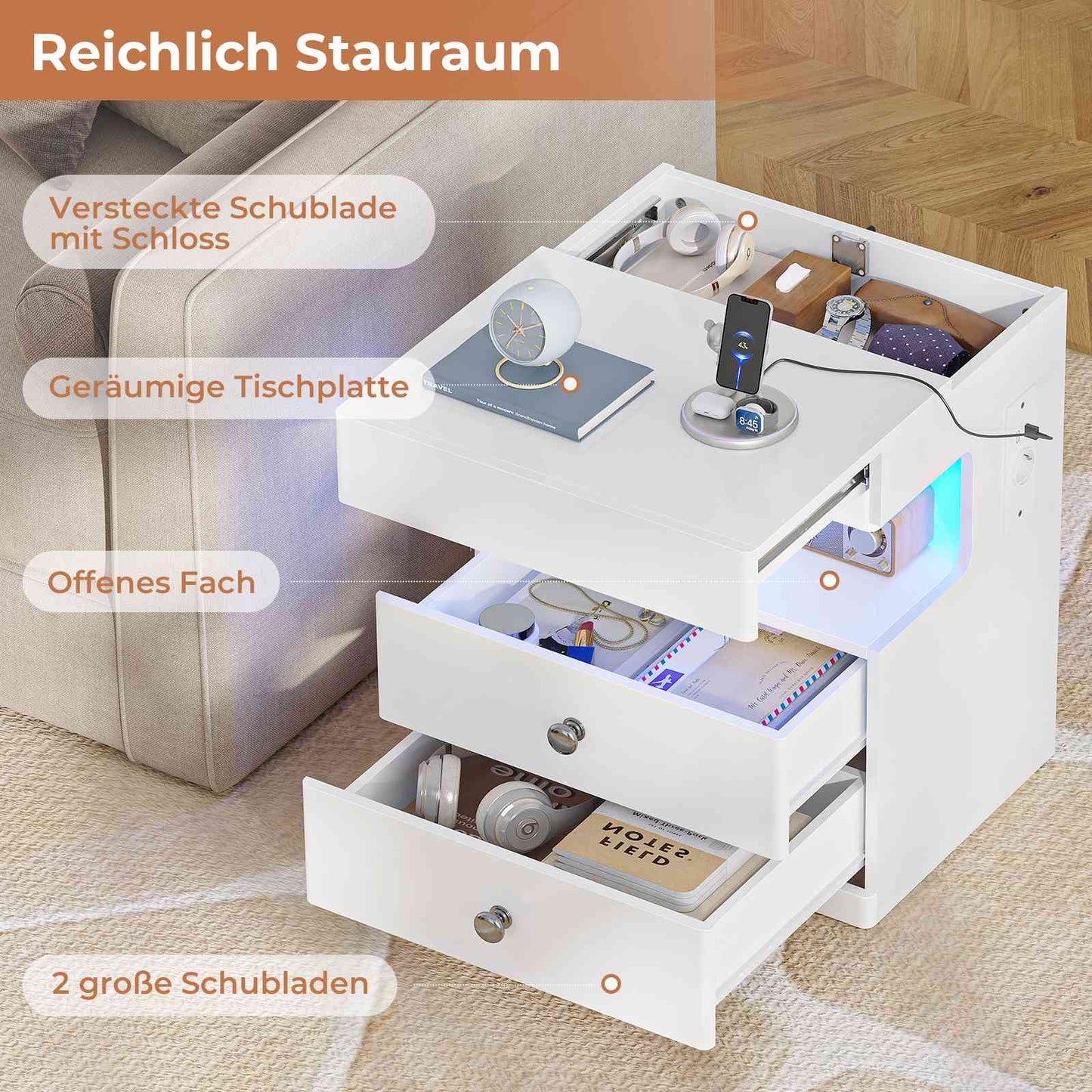 AOGLLATI Nachttisch mit Geheimfach Nachtschrank mit Steckdose und LED-Beleuchtung Beistelltisch mit 2 Schubladen 1 Ausziehrega