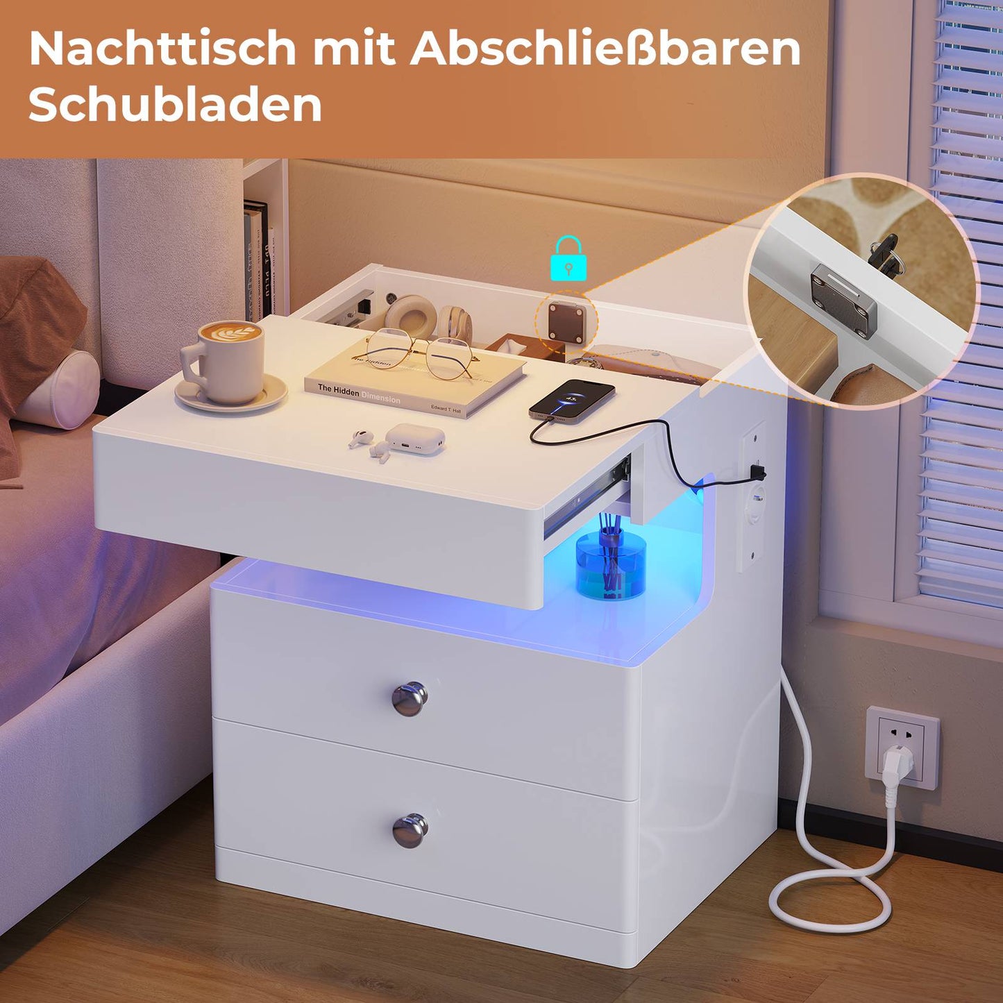 AOGLLATI Nachttisch mit Geheimfach Nachtschrank mit Steckdose und LED-Beleuchtung Beistelltisch mit 2 Schubladen 1 Ausziehrega