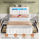 AOGLLATI Bett 140x200 mit 4 Schubladen Polsterbett 140x200 mit Steckdosen Doppelbett mit LED-Beleuchtung mit Multifunktionales Kopfteil