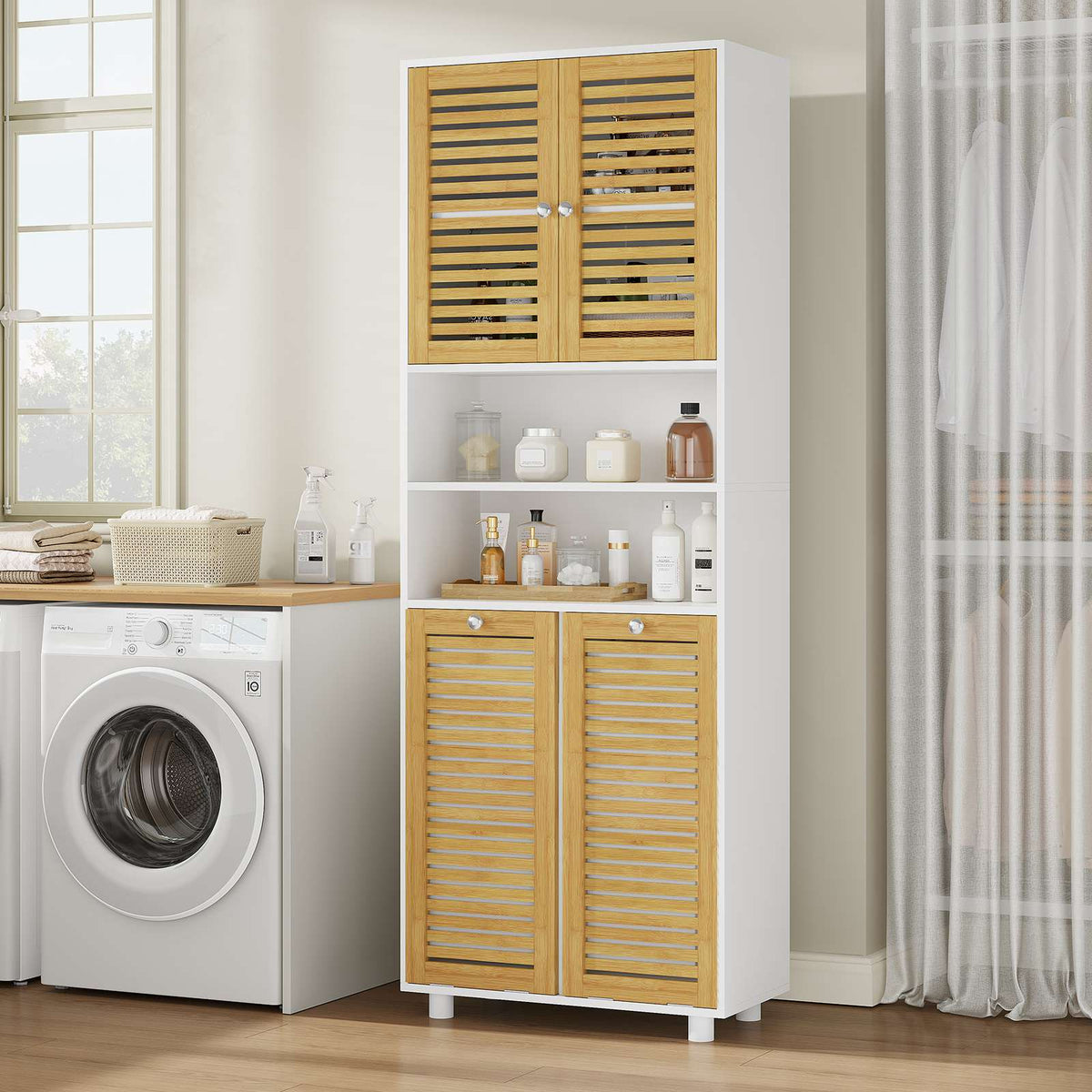 AOGLLATI Badezimmerschrank mit Badschrank mit 3 offenen Fächern und 2 Wäscheboxen herausnehmbarer Wäschesack mit Griffen Badezimmer Hochschrank mit verstellbare Ablage