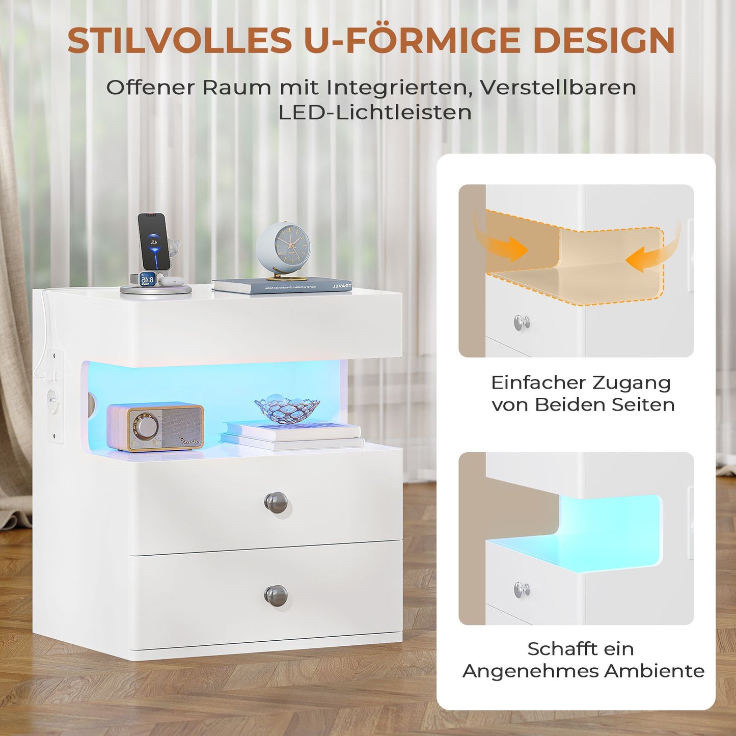 AOGLLATI Nachttisch mit Geheimfach Nachtschrank mit Steckdose und LED-Beleuchtung Beistelltisch mit 2 Schubladen 1 Ausziehrega