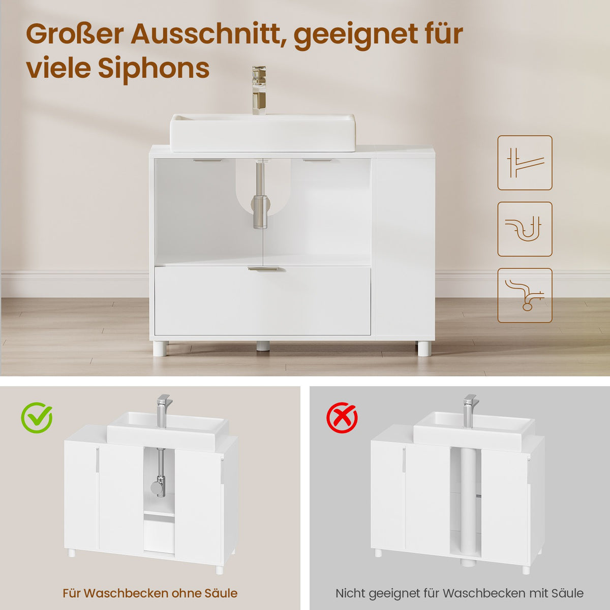 AOGLLATI Waschbeckenunterschrank weiß Badezimmerschrank mit 2 Türen große Schublade offene Fächer an Einer Seite rechts oder Links austauschbar