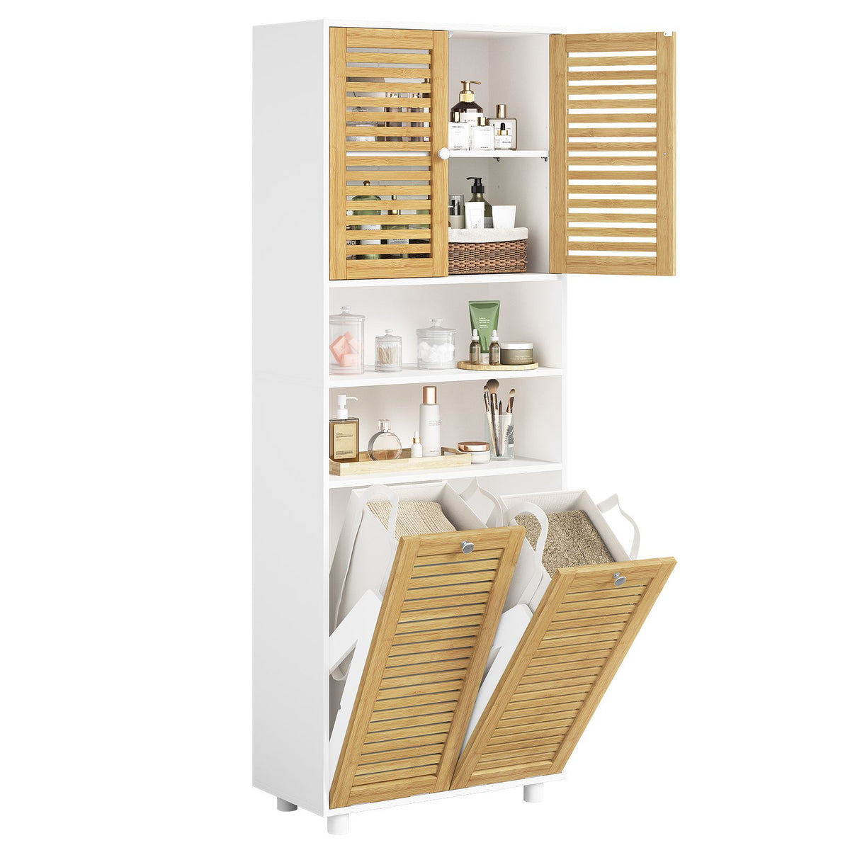 AOGLLATI Badezimmerschrank mit Badschrank mit 3 offenen Fächern und 2 Wäscheboxen herausnehmbarer Wäschesack mit Griffen Badezimmer Hochschrank mit verstellbare Ablage
