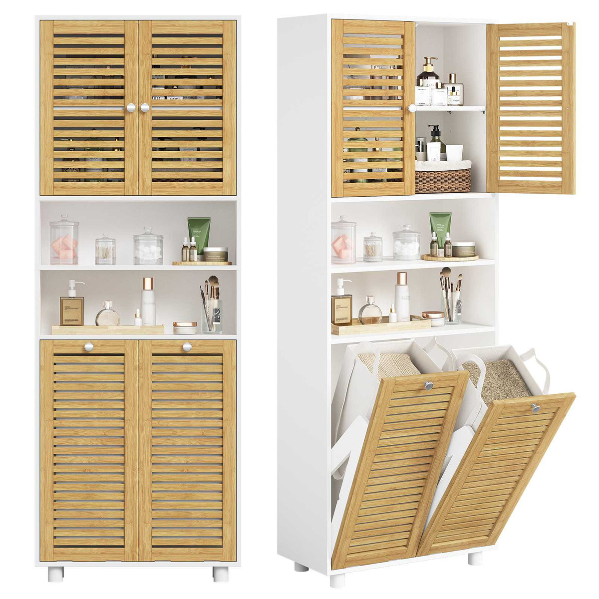 AOGLLATI Badezimmerschrank mit Badschrank mit 3 offenen Fächern und 2 Wäscheboxen herausnehmbarer Wäschesack mit Griffen Badezimmer Hochschrank mit verstellbare Ablage