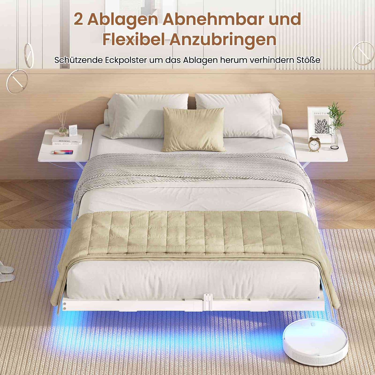 AOGLLATI Bettgestell 140x200 Bett 140x200 aus Metall mit LED Beleuchtung und Ladestation Schwebender Bettrahmen mit Aufbewahrungsregalen