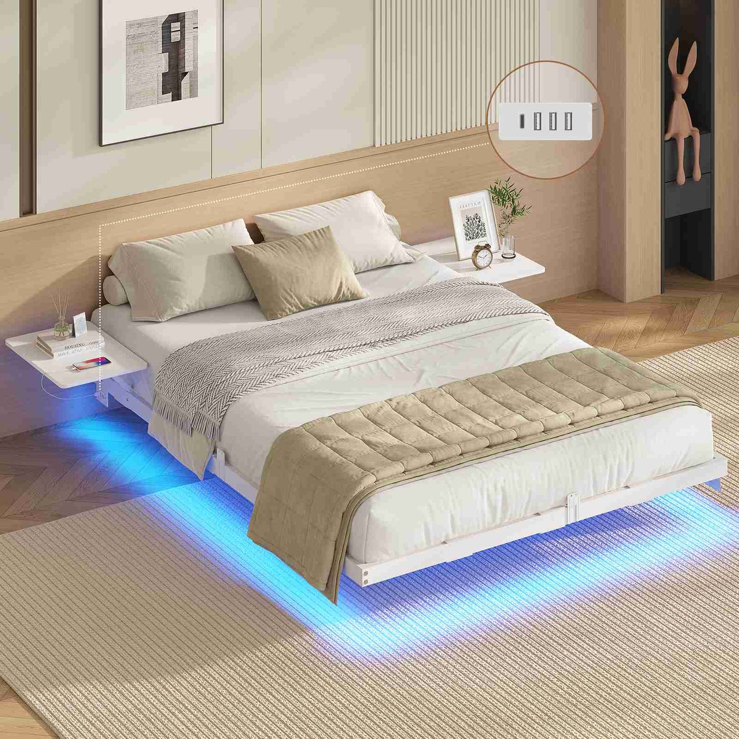 AOGLLATI Bettgestell 140x200 Bett 140x200 aus Metall mit LED Beleuchtung und Ladestation Schwebender Bettrahmen mit Aufbewahrungsregalen