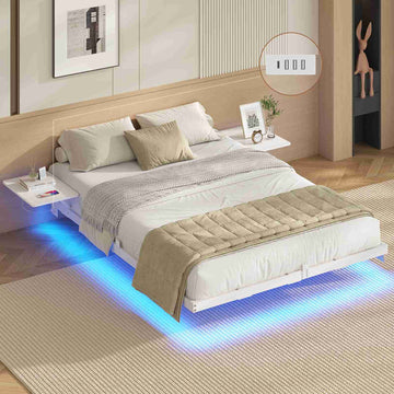 AOGLLATI Bettgestell Bett aus Metall mit LED Beleuchtung und Ladestation Schwebender Bettrahmen mit Aufbewahrungsregalen Metallbett mit Lattenrost