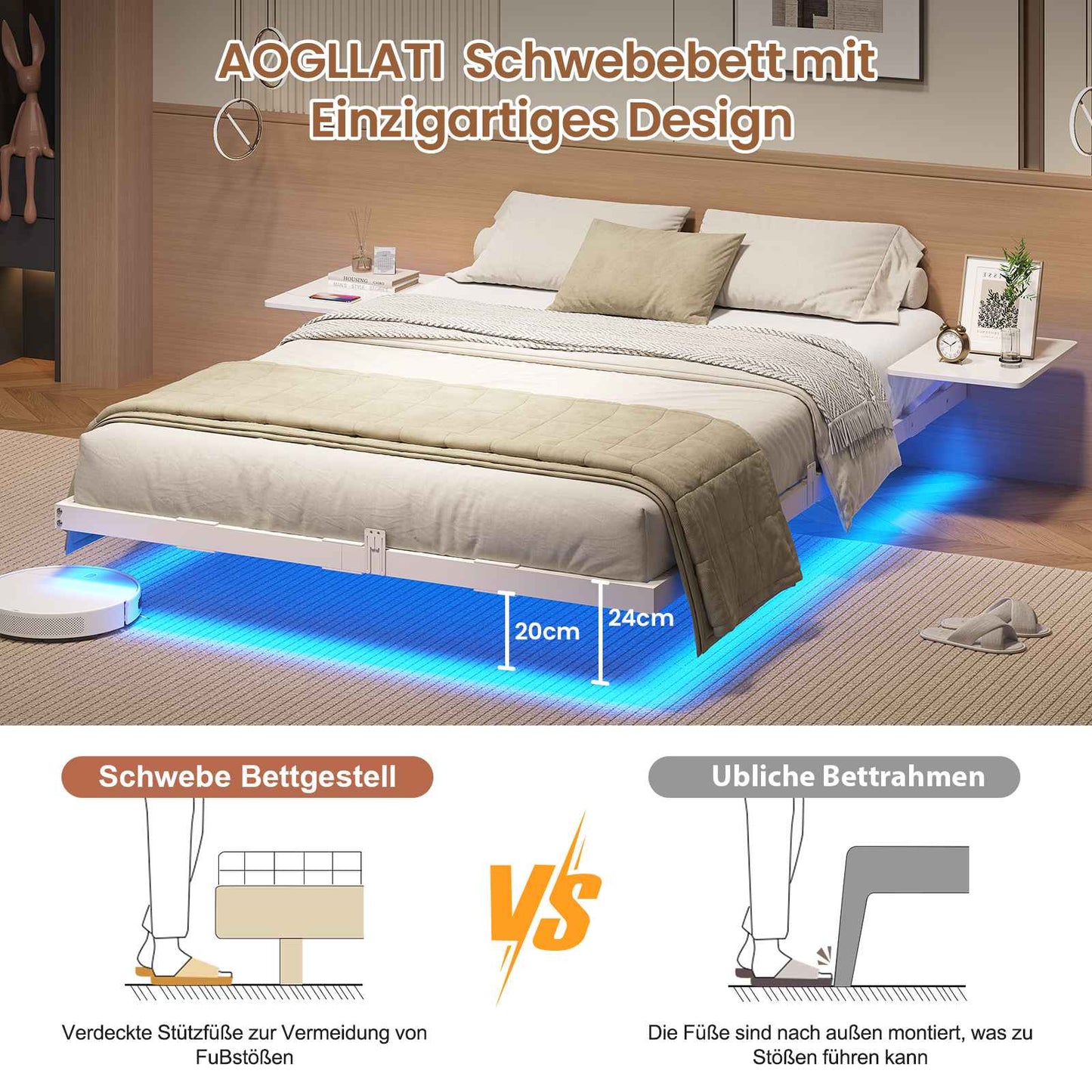 AOGLLATI Bettgestell 140x200 Bett 140x200 aus Metall mit LED Beleuchtung und Ladestation Schwebender Bettrahmen mit Aufbewahrungsregalen