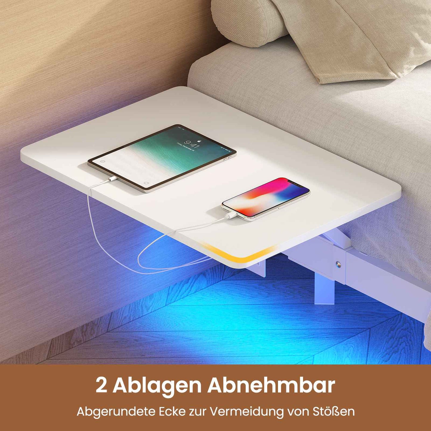 AOGLLATI Bettgestell 140x200 Bett 140x200 aus Metall mit LED Beleuchtung und Ladestation Schwebender Bettrahmen mit Aufbewahrungsregalen