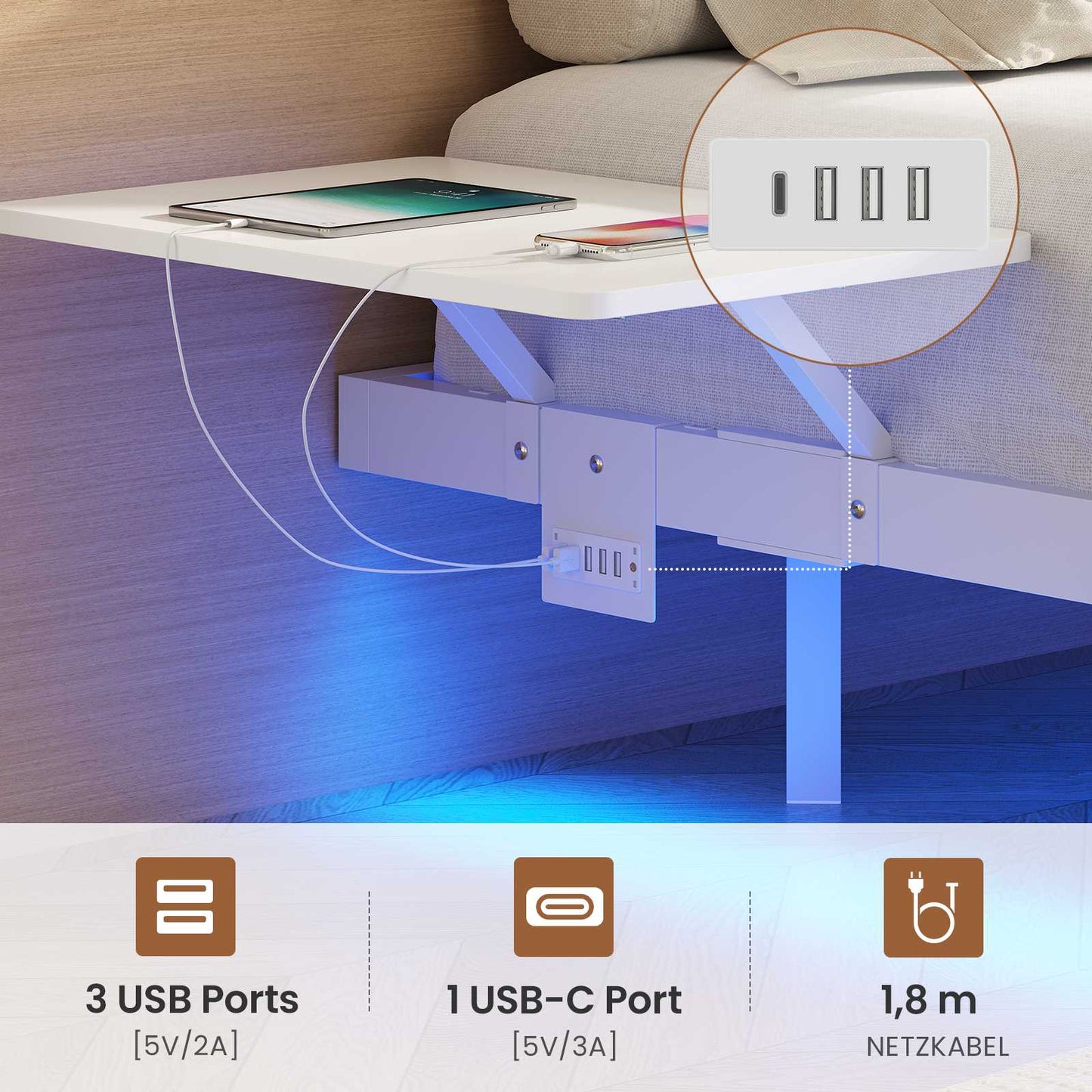 AOGLLATI Bettgestell Bett aus Metall mit LED Beleuchtung und Ladestation Schwebender Bettrahmen mit Aufbewahrungsregalen Metallbett mit Lattenrost