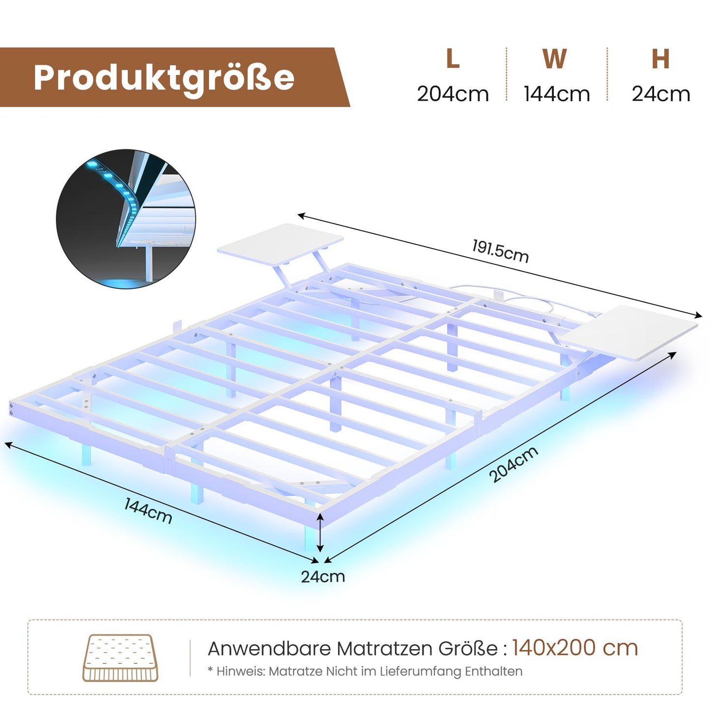 AOGLLATI Bettgestell 140x200 Bett 140x200 aus Metall mit LED Beleuchtung und Ladestation Schwebender Bettrahmen mit Aufbewahrungsregalen