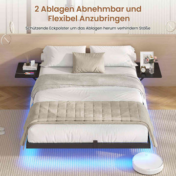 AOGLLATI Bettgestell 140x190 Bett 140x190 aus Metall mit LED Beleuchtung und Ladestation Schwebender Bettrahmen mit Aufbewahrungsregalen