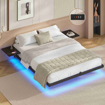 AOGLLATI Bettgestell Bett aus Metall mit LED Beleuchtung und Ladestation Schwebender Bettrahmen mit Aufbewahrungsregalen Metallbett mit Lattenrost
