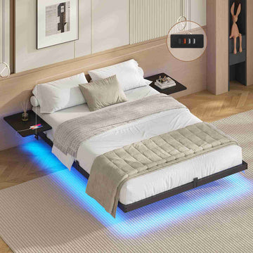 AOGLLATI Bettgestell 140x200 Bett 140x200 aus Metall mit LED Beleuchtung und Ladestation Schwebender Bettrahmen mit Aufbewahrungsregalen
