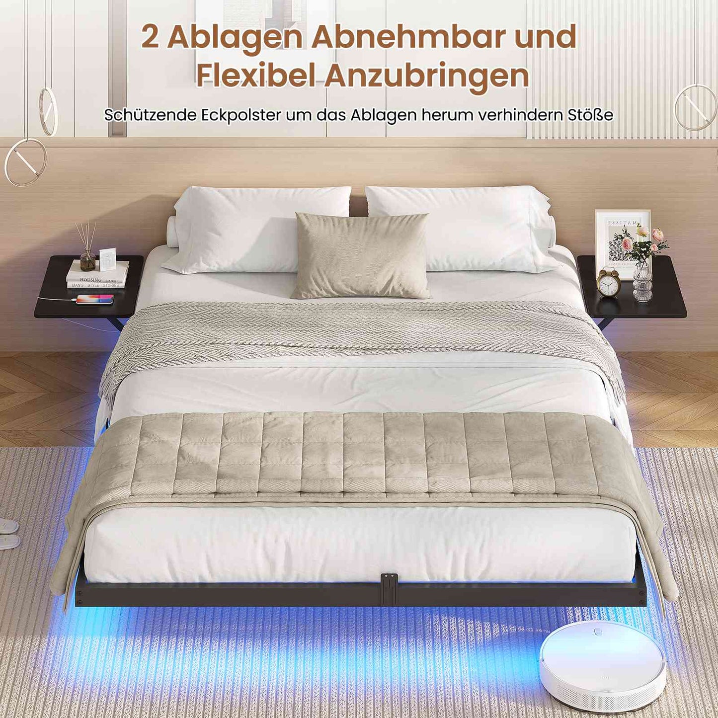 AOGLLATI Bettgestell Bett aus Metall mit LED Beleuchtung und Ladestation Schwebender Bettrahmen mit Aufbewahrungsregalen Metallbett mit Lattenrost