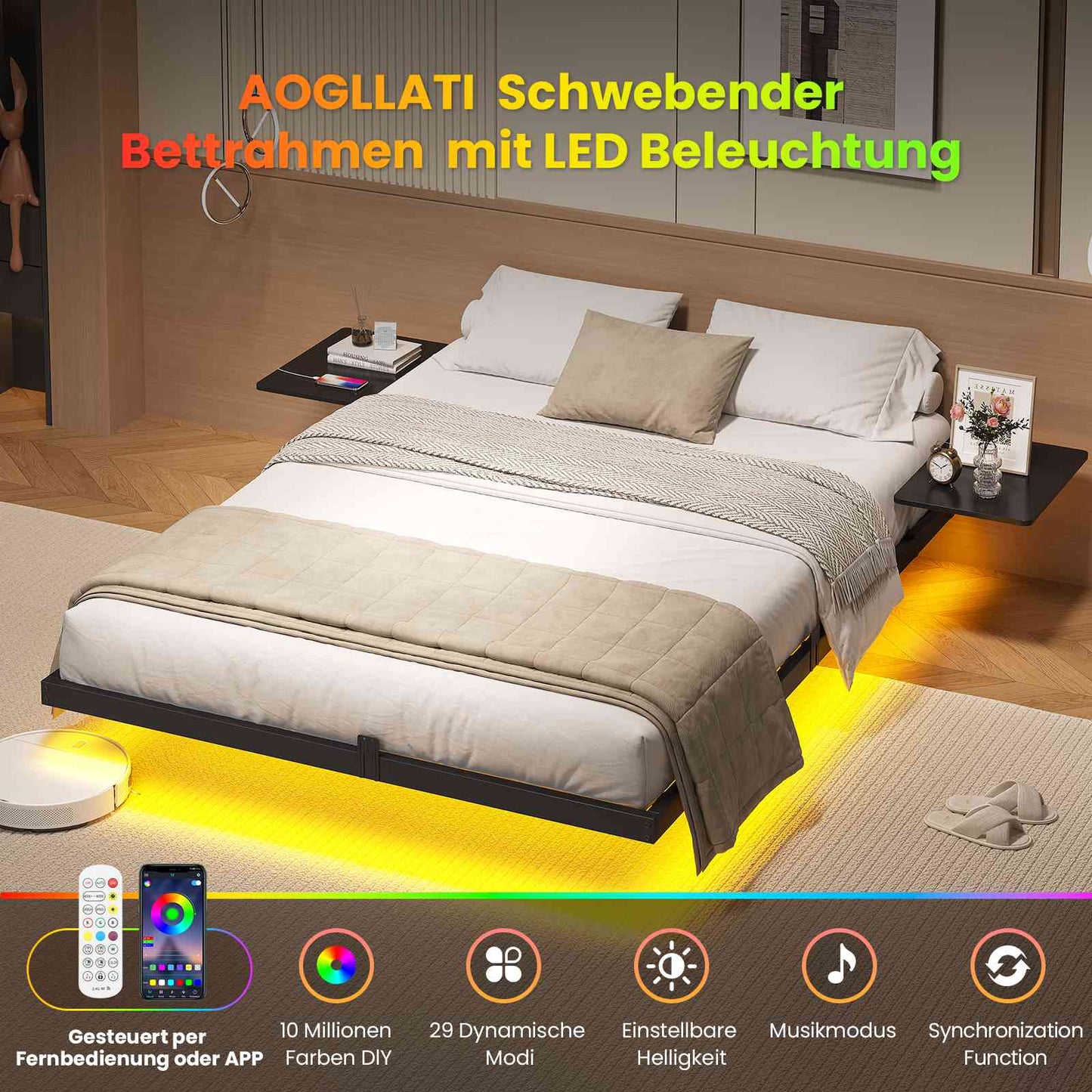 AOGLLATI Bettgestell 140x190 Bett 140x190 aus Metall mit LED Beleuchtung und Ladestation Schwebender Bettrahmen mit Aufbewahrungsregalen