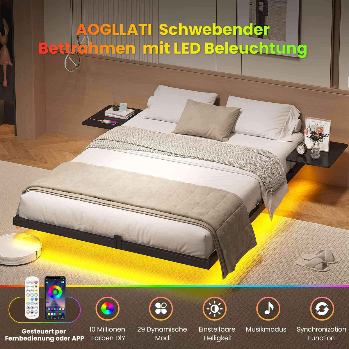 AOGLLATI Bettgestell 180x200 Bett 180x200 aus Metall mit LED Beleuchtung und Ladestation Schwebender Bettrahmen mit Aufbewahrungsregalen Metallbett