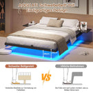 AOGLLATI Bettgestell 140x200 Bett 140x200 aus Metall mit LED Beleuchtung und Ladestation Schwebender Bettrahmen mit Aufbewahrungsregalen