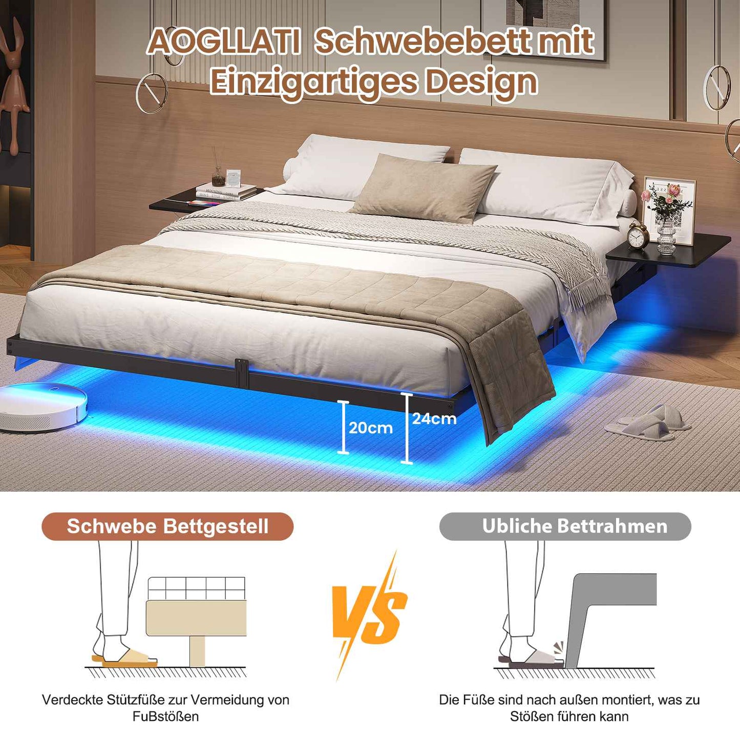 AOGLLATI Bettgestell Bett aus Metall mit LED Beleuchtung und Ladestation Schwebender Bettrahmen mit Aufbewahrungsregalen Metallbett mit Lattenrost