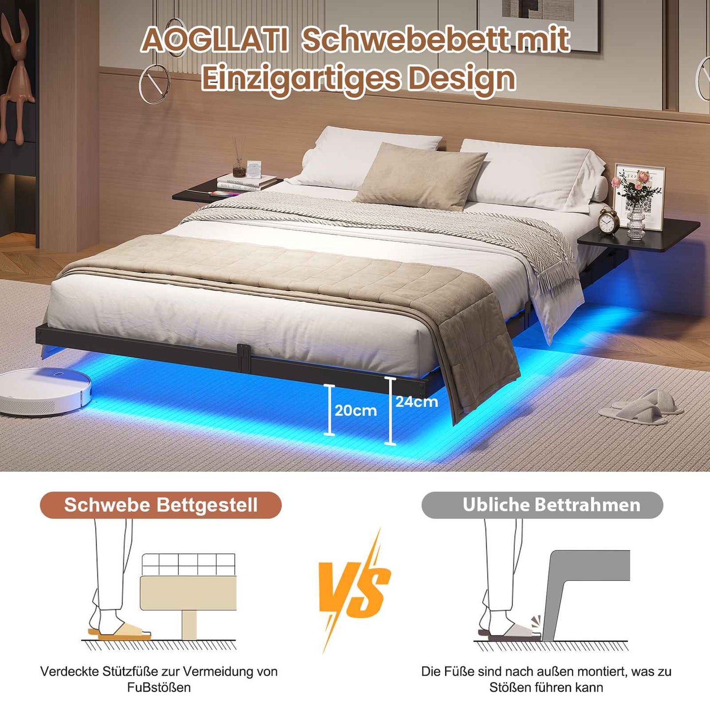 AOGLLATI Bettgestell 140x190 Bett 140x190 aus Metall mit LED Beleuchtung und Ladestation Schwebender Bettrahmen mit Aufbewahrungsregalen