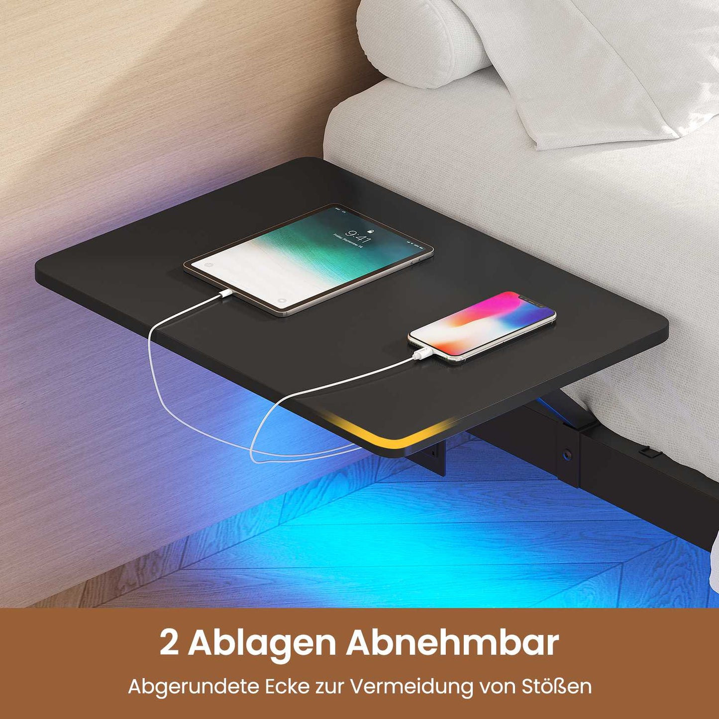 AOGLLATI Bettgestell 140x200 Bett 140x200 aus Metall mit LED Beleuchtung und Ladestation Schwebender Bettrahmen mit Aufbewahrungsregalen