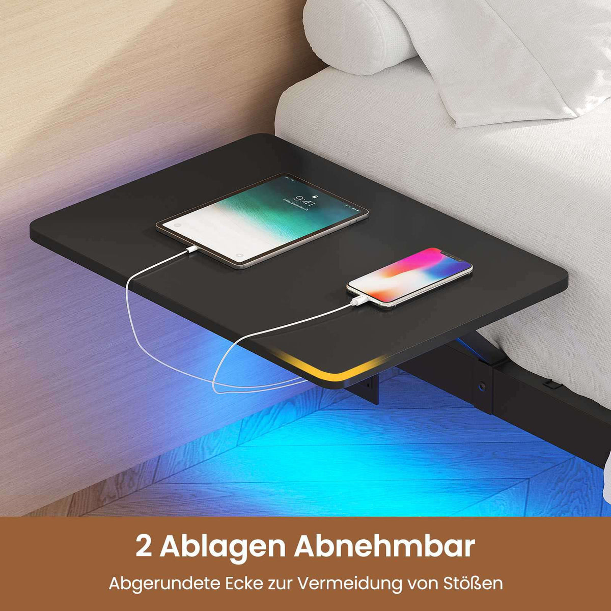 AOGLLATI Bettgestell 180x200 Bett 180x200 aus Metall mit LED Beleuchtung und Ladestation Schwebender Bettrahmen mit Aufbewahrungsregalen Metallbett