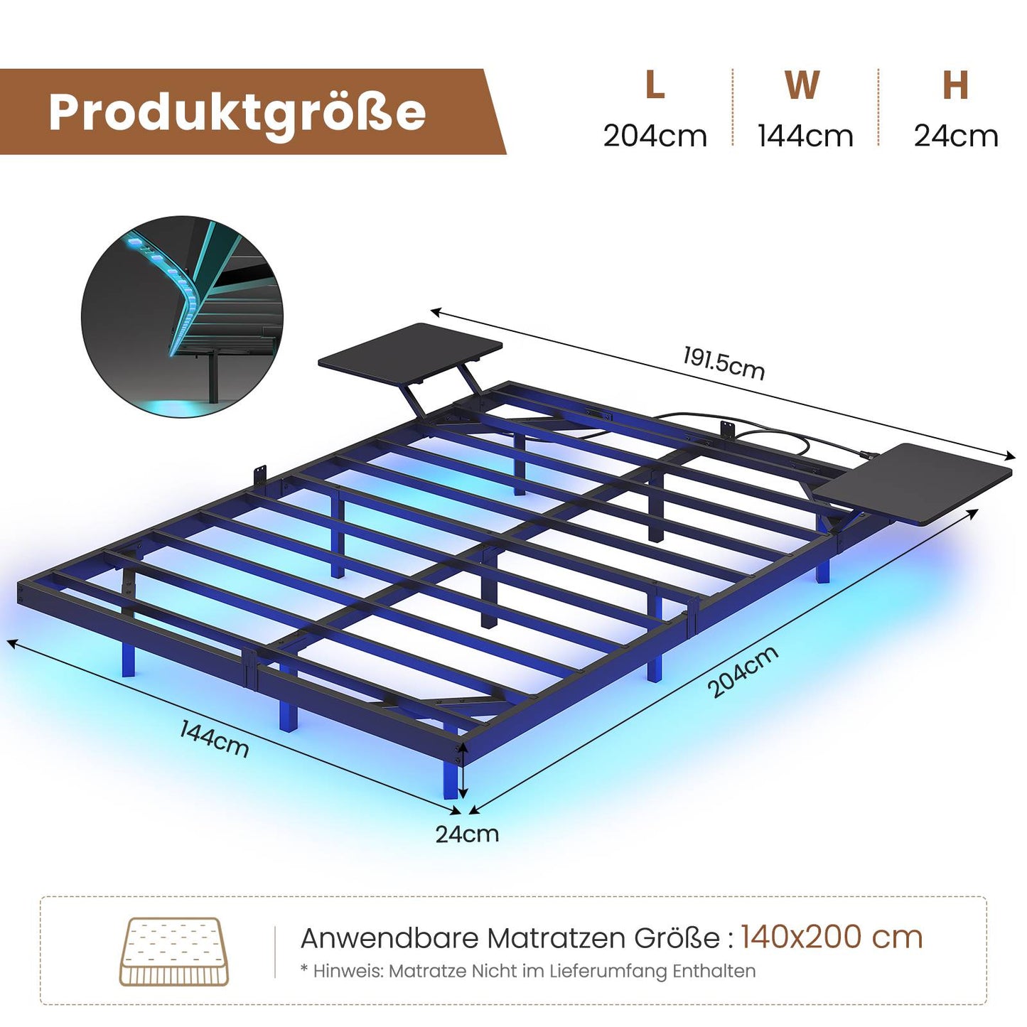 AOGLLATI Bettgestell 140x200 Bett 140x200 aus Metall mit LED Beleuchtung und Ladestation Schwebender Bettrahmen mit Aufbewahrungsregalen