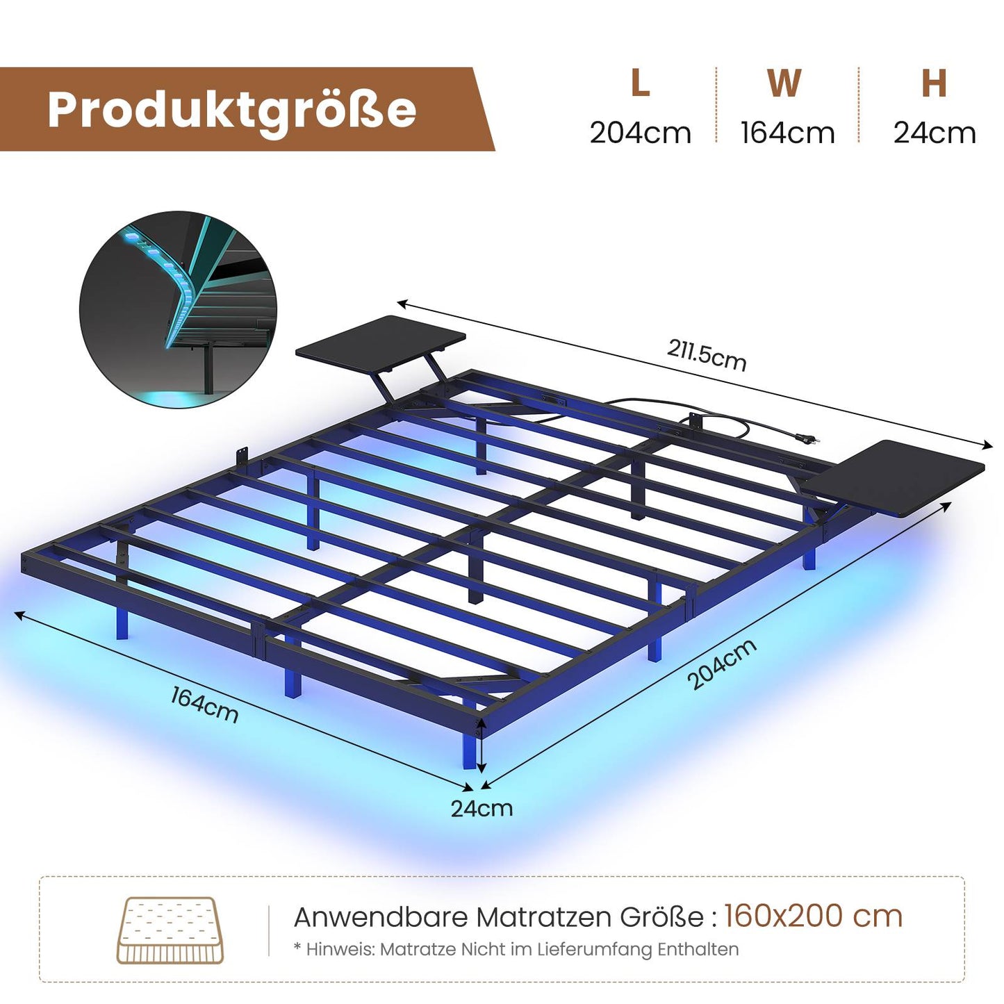 AOGLLATI Bettgestell Bett aus Metall mit LED Beleuchtung und Ladestation Schwebender Bettrahmen mit Aufbewahrungsregalen Metallbett mit Lattenrost