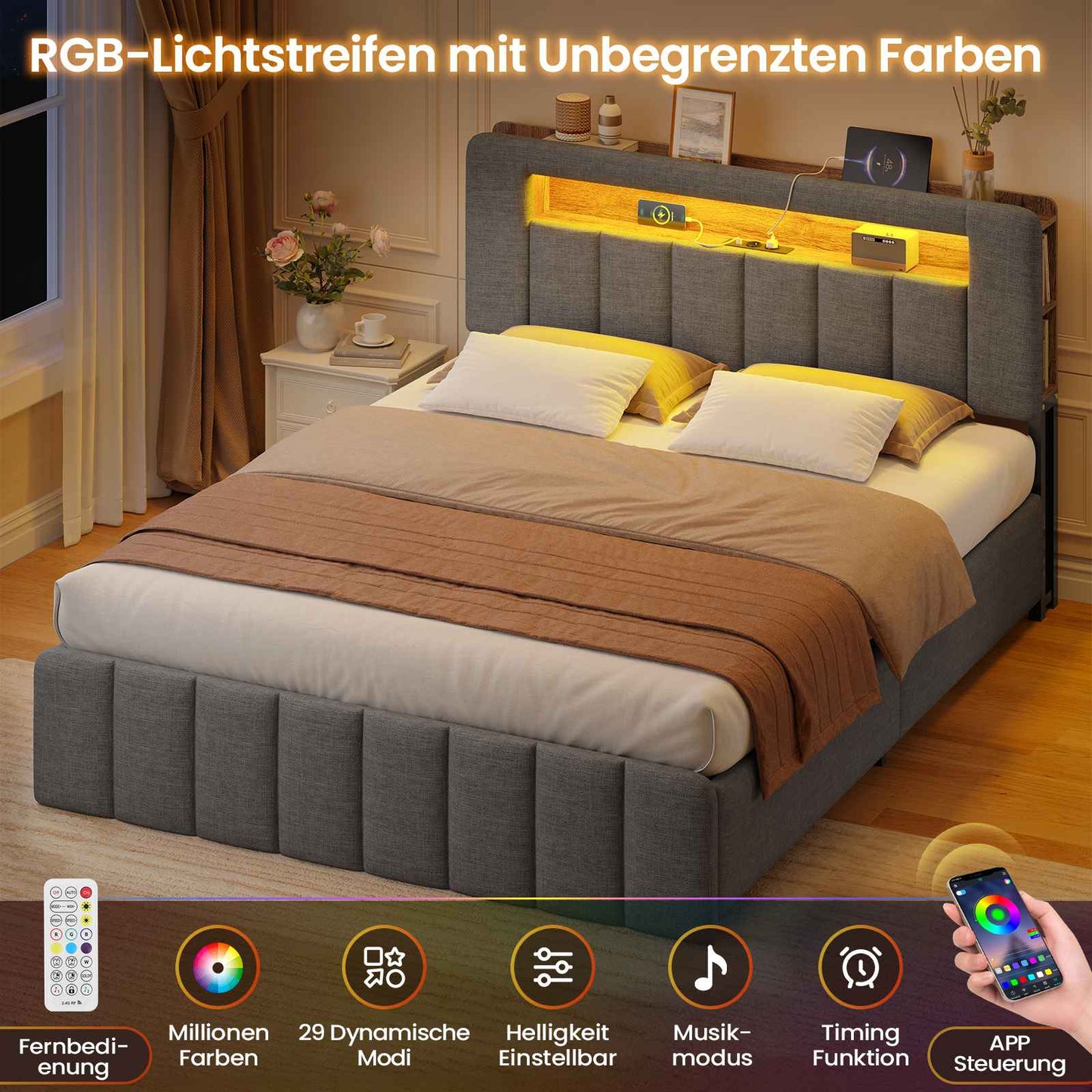 AOGLLATI Polsterbett 140x200 mit Stauraum mit LED-Bleuchtung und Ladestation Doppelbett Bettgestell mit Kopfteil aus Samt