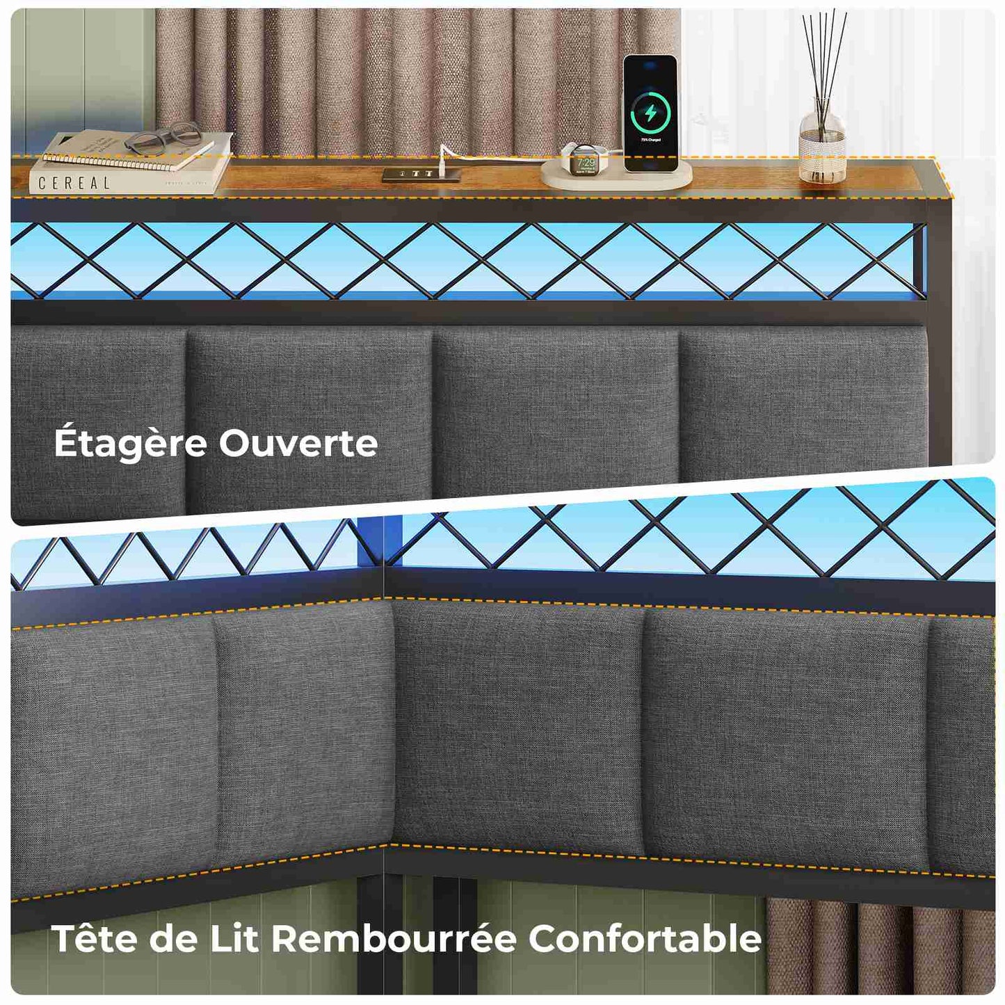 AOGLLATI Polsterbett Schlafsofa mit USB-Steckdosen und LED-Beleuchtung Jugendbett mit 2 Schubladen Bettgestell mit Lattenrost