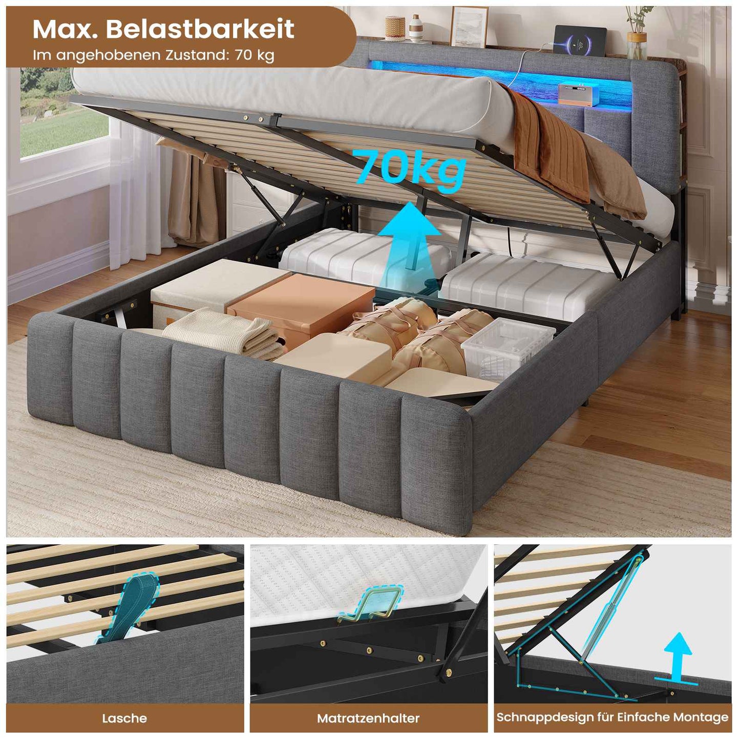AOGLLATI Polsterbett 140x200 mit Stauraum mit LED-Bleuchtung und Ladestation Doppelbett Bettgestell mit Kopfteil aus Samt
