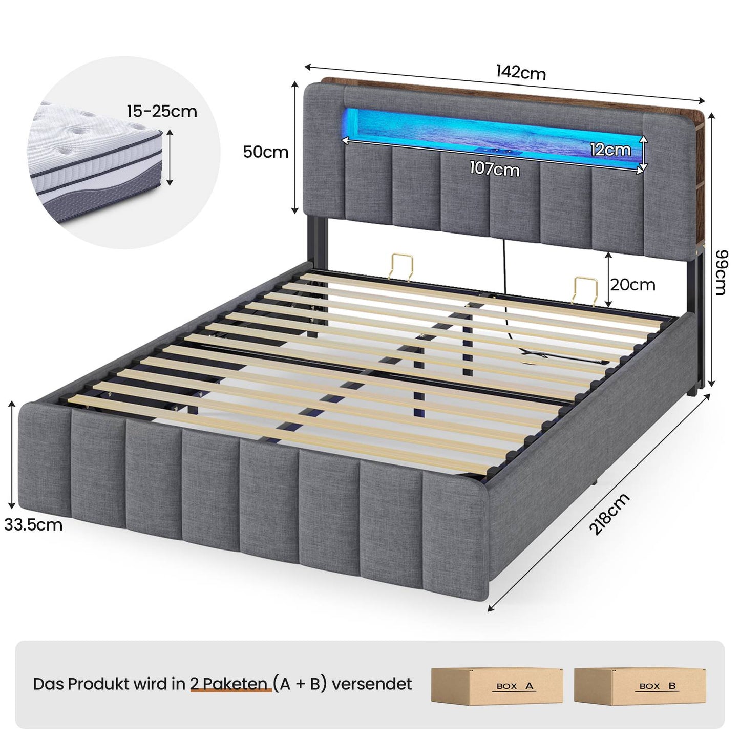 AOGLLATI Polsterbett 140x200 mit Stauraum mit LED-Bleuchtung und Ladestation Doppelbett Bettgestell mit Kopfteil aus Samt