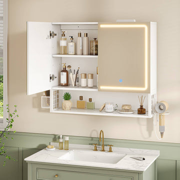 AOGLLATI Spiegelschrank Bad mit LED-Beleuchtung & Steckdose 70x16x60cm Badezimmer spiegelschrank mit Verstellbarer Ablage HD-Spiegel