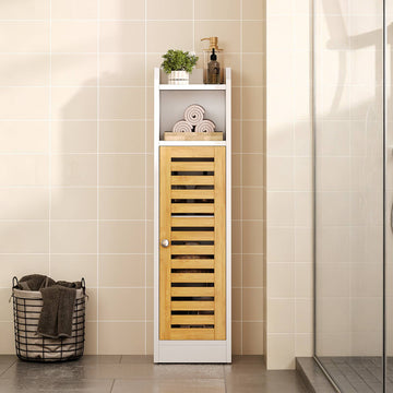 AOGLLATI Badezimmerschrank Toilettenschrank mit 2 offenen Fächern & Verstellbare Ablagen Badschrank schmal mit Bambustür Badregal