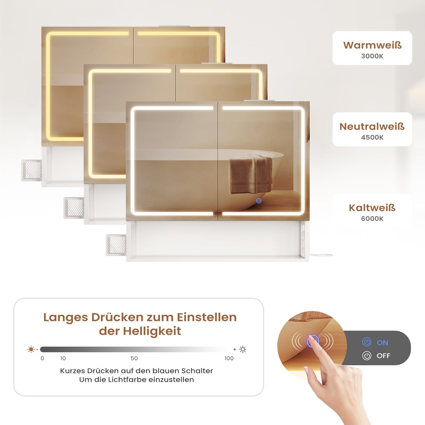 AOGLLATI Spiegelschrank Bad mit LED-Beleuchtung & Steckdose 70x16x60cm Badezimmer spiegelschrank mit Verstellbarer Ablage HD-Spiegel