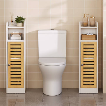 AOGLLATI Badezimmerschrank Toilettenschrank mit 2 offenen Fächern & Verstellbare Ablagen Badschrank schmal mit Bambustür Badregal