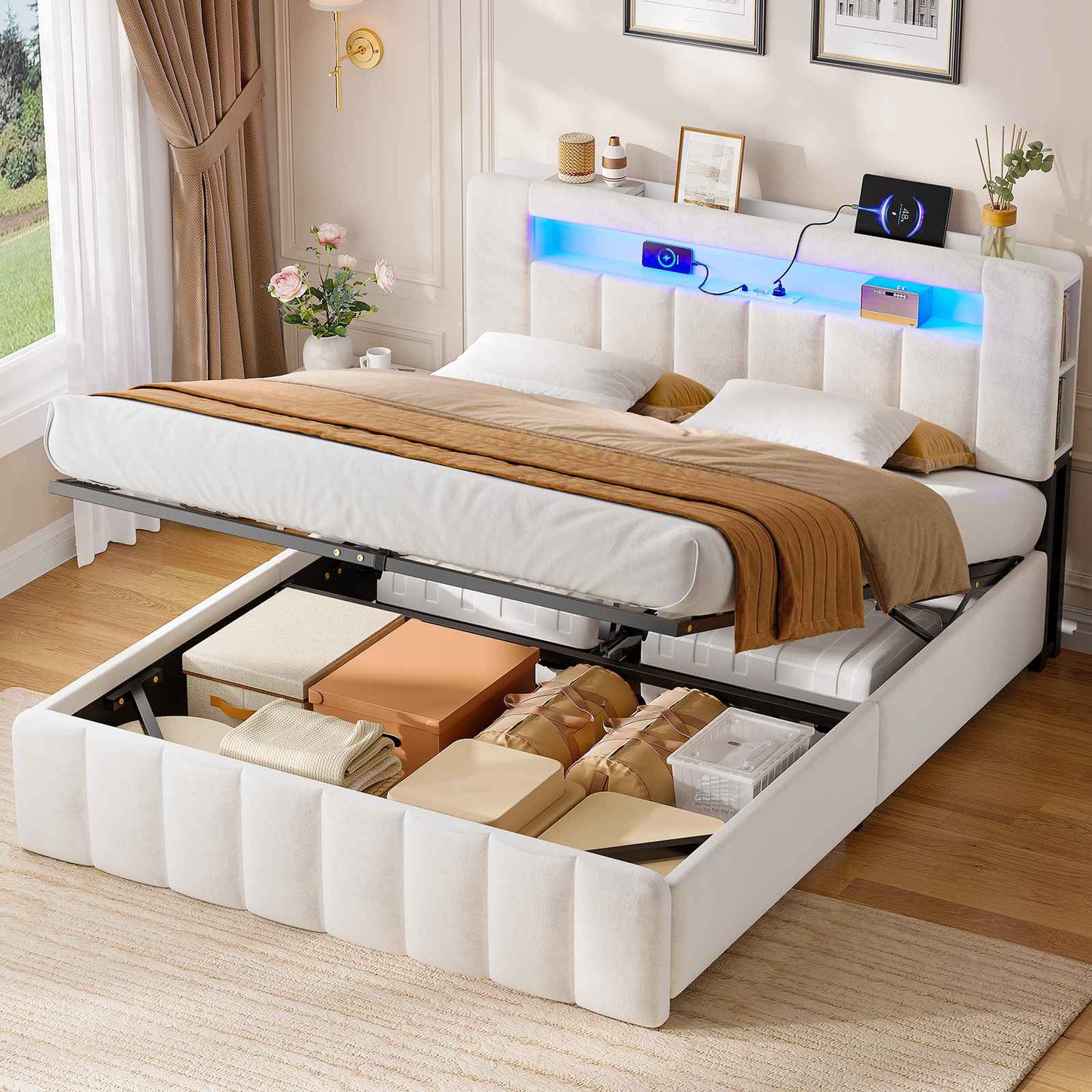 AOGLLATI Polsterbett 140x200 mit Stauraum mit LED-Bleuchtung und Ladestation Doppelbett Bettgestell mit Kopfteil aus Samt