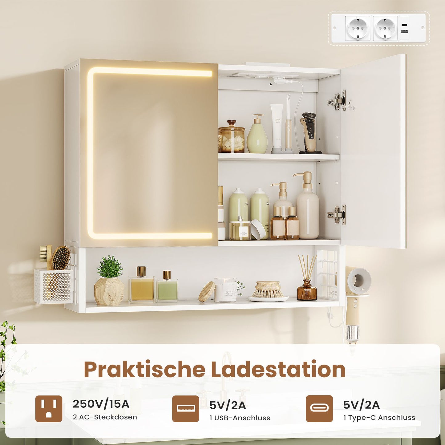 AOGLLATI Spiegelschrank Bad mit LED-Beleuchtung & Steckdose 70x16x60cm Badezimmer spiegelschrank mit Verstellbarer Ablage HD-Spiegel