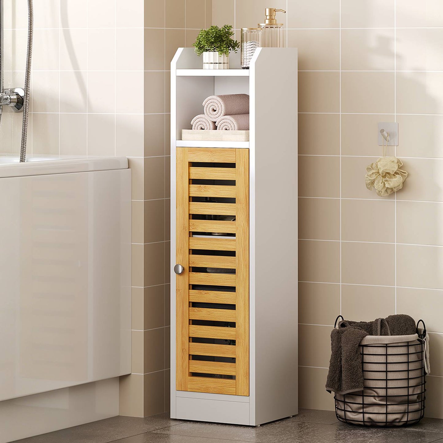 AOGLLATI Badezimmerschrank Toilettenschrank mit 2 offenen Fächern & Verstellbare Ablagen Badschrank schmal mit Bambustür Badregal