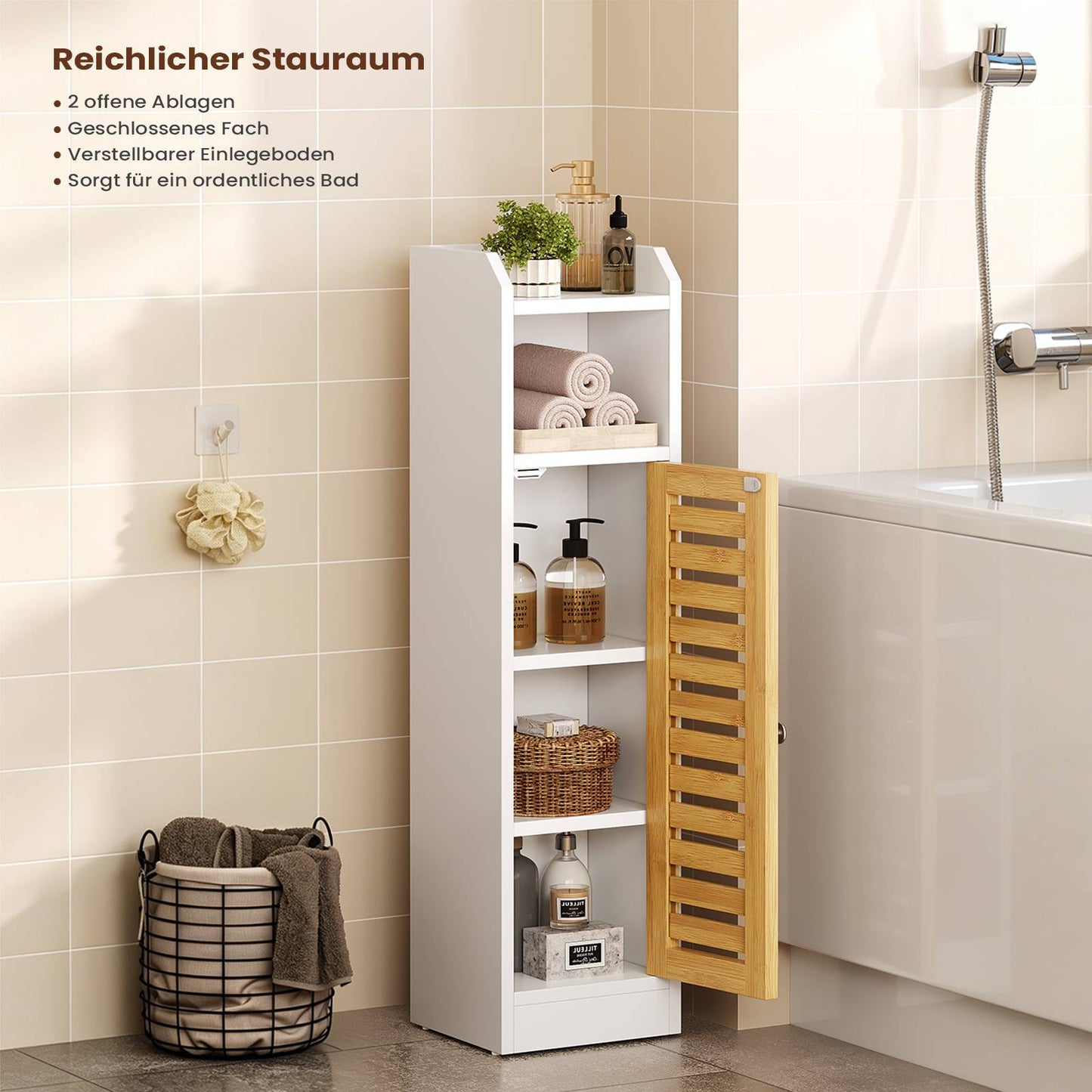 AOGLLATI Badezimmerschrank Toilettenschrank mit 2 offenen Fächern & Verstellbare Ablagen Badschrank schmal mit Bambustür Badregal
