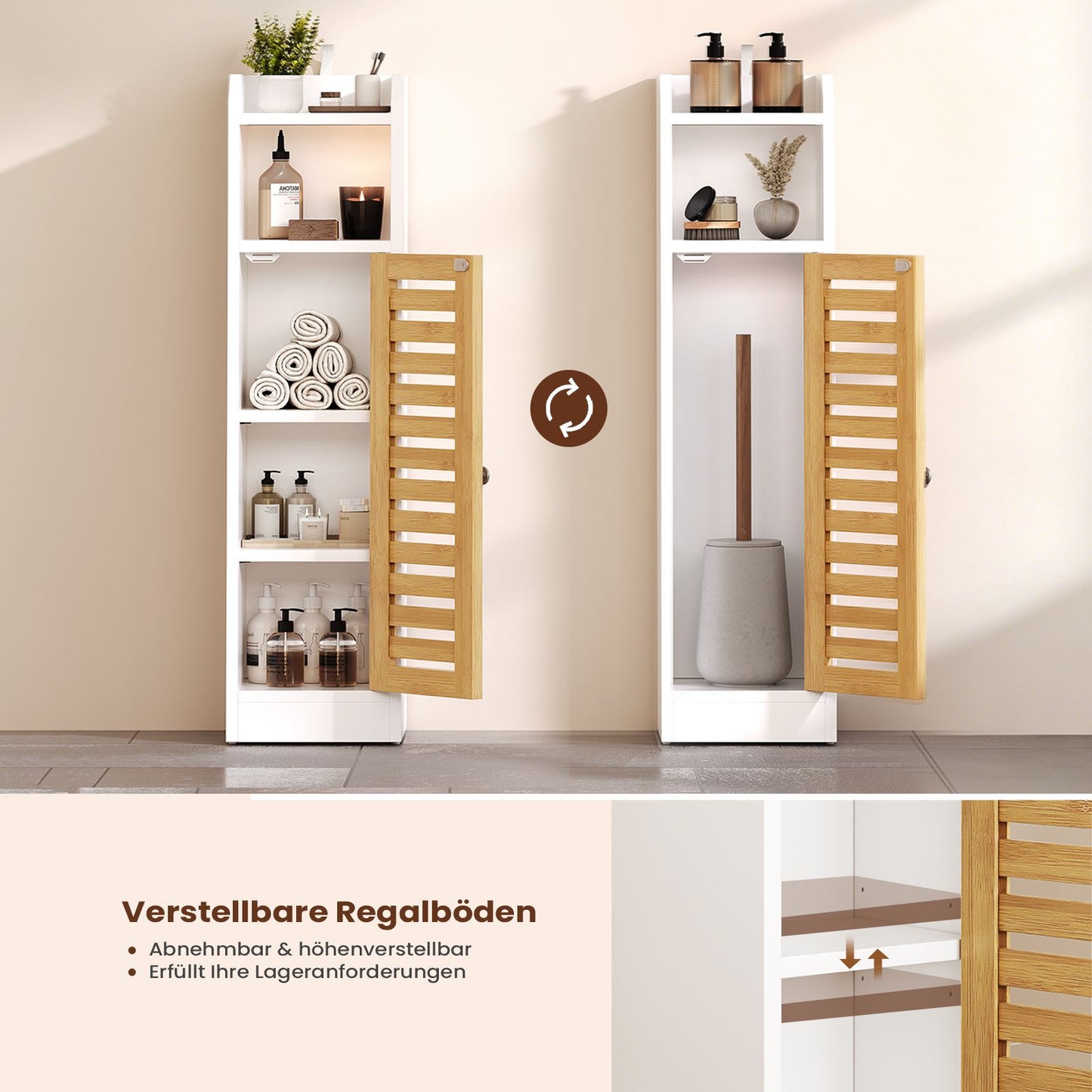 AOGLLATI Badezimmerschrank Toilettenschrank mit 2 offenen Fächern & Verstellbare Ablagen Badschrank schmal mit Bambustür Badregal