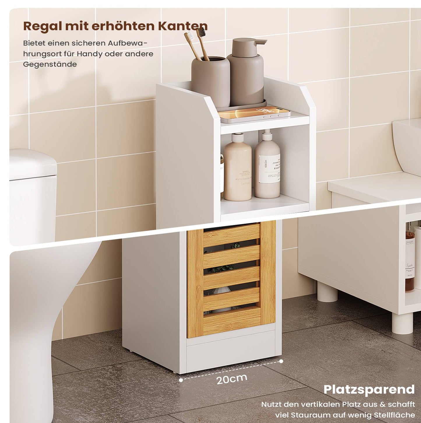 AOGLLATI Badezimmerschrank Toilettenschrank mit 2 offenen Fächern & Verstellbare Ablagen Badschrank schmal mit Bambustür Badregal
