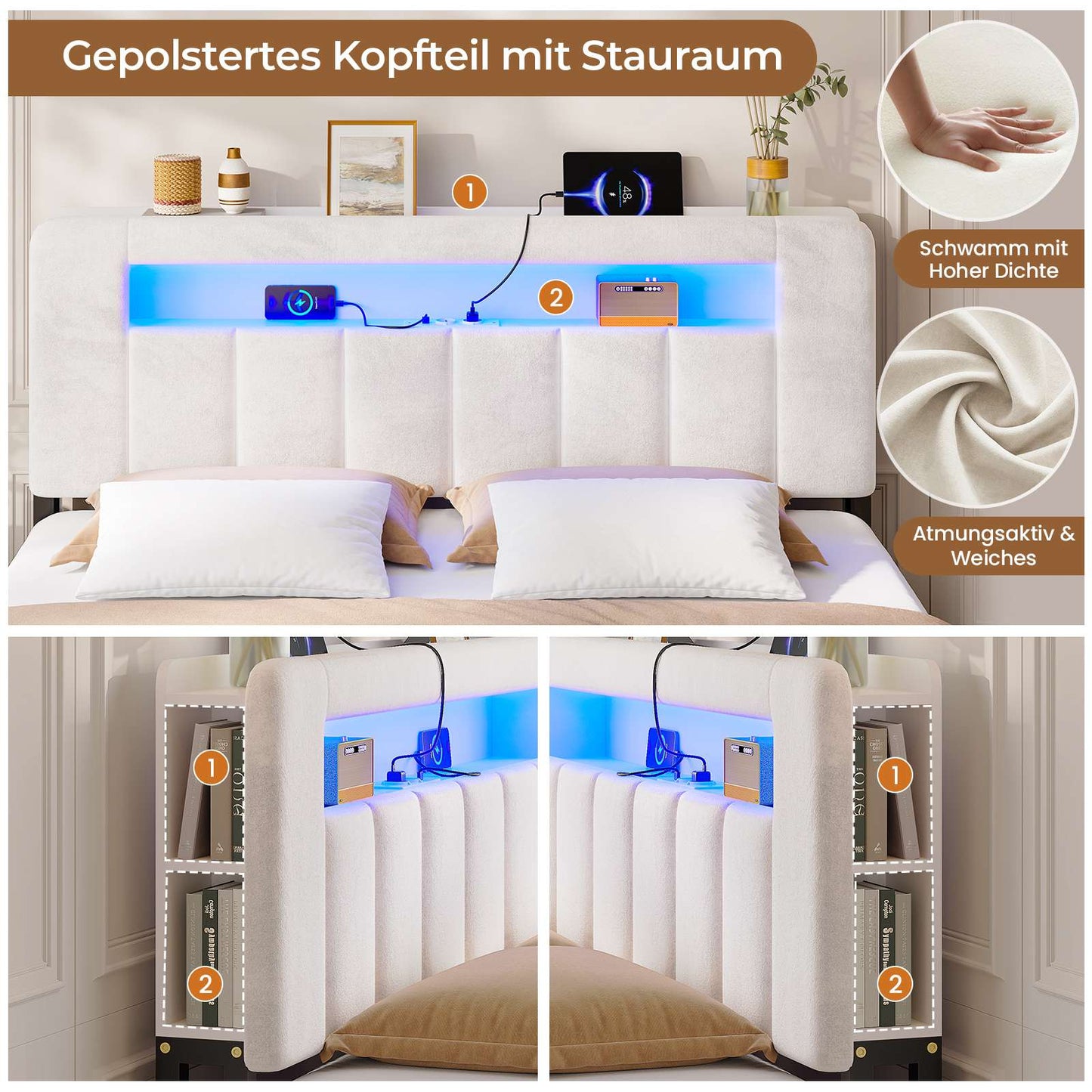 AOGLLATI Polsterbett 140x200 mit Stauraum mit LED-Bleuchtung und Ladestation Doppelbett Bettgestell mit Kopfteil aus Samt
